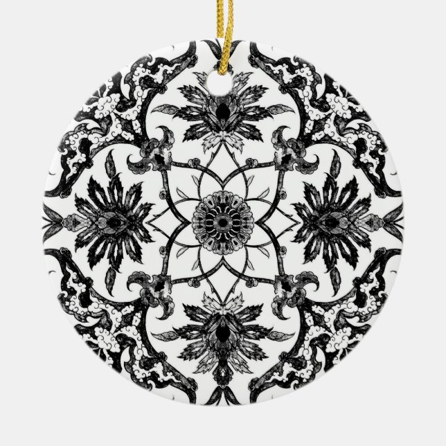 Art Nouveau Chinese Tile - Black and White Ceramic Tree Decoration (Front)