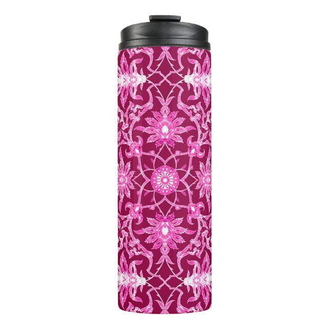 Art Nouveau Chinese Tile, Burgundy and Pink  Thermal Tumbler (Front)