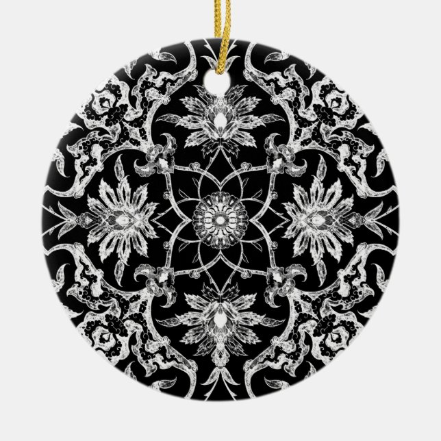 Art Nouveau Chinese Tile - White on Black Ceramic Tree Decoration (Front)