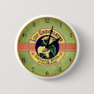 Art nouveau chocolate advertisemant clock 6 cm round badge