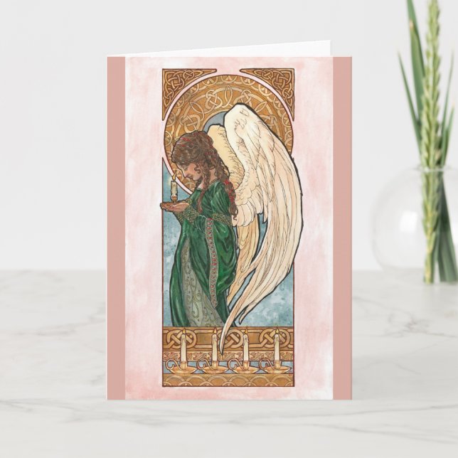 Art Nouveau Christmas Angel with Candle Holiday Card (Front)