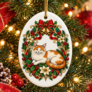 Art Nouveau Christmas Cat with Holly Wreath Ceramic Tree Decoration