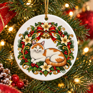 Art Nouveau Christmas Cat with Holly Wreath Ceramic Tree Decoration