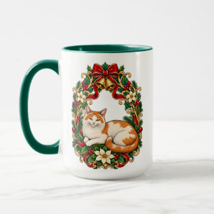Art Nouveau Christmas Cat with Holly Wreath Mug