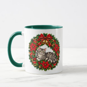 Art Nouveau Christmas Silver Tabby Cat Mug