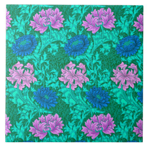 Art Nouveau Chrysanthemums, Aqua and Violet  Tile