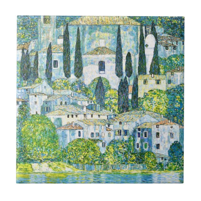 Art Nouveau Church in Cassone by Gustav Klimt Tile (Front)