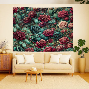 Art Nouveau Climbing Rose Teal Gold Tapestry