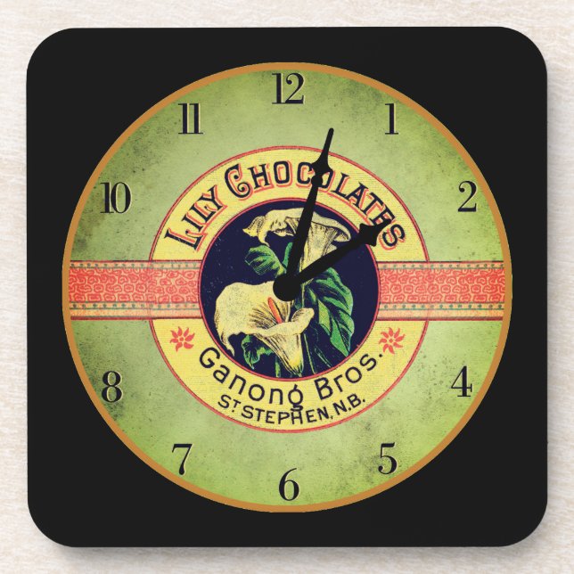 Art nouveau clock advertisement lily chocolate co. coaster (Front)