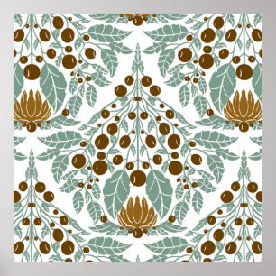 Art Nouveau Cocoa & Mint–Vintage Floral Scallop  Poster