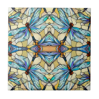 Art Nouveau Colourful Dragonfly Faux Stained Glass Tile