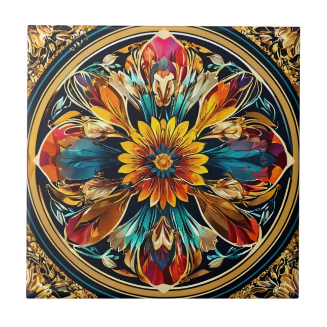 Art Nouveau Colourful Floral Tile (Front)