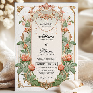 Art Nouveau Coral Floral & Gold Wedding  Invitation
