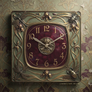 Art Nouveau Crimson Dial and Green Frame Square Wall Clock