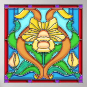 Art Nouveau Daffodil Stain Glass Frame Poster