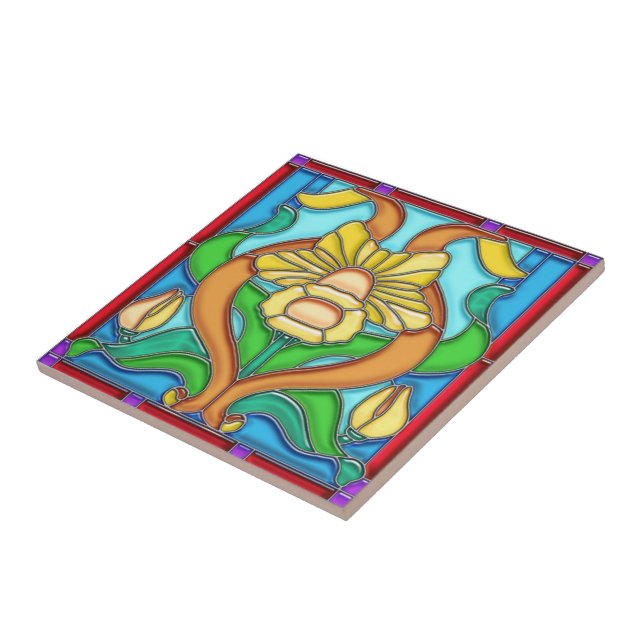 Art Nouveau Daffodil Stained Glass Tile (Side)