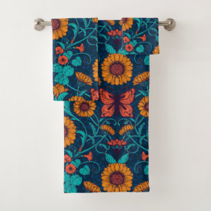 Art Nouveau daisies in blue and yellow Bath Towel Set