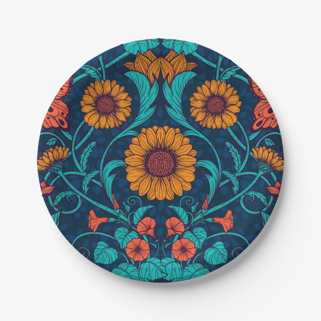 Art Nouveau daisies in blue and yellow Paper Plate (Front)