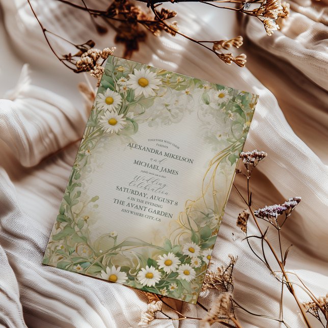 Art Nouveau Daisies Ivory Green Wedding Invitation (Creator Uploaded)