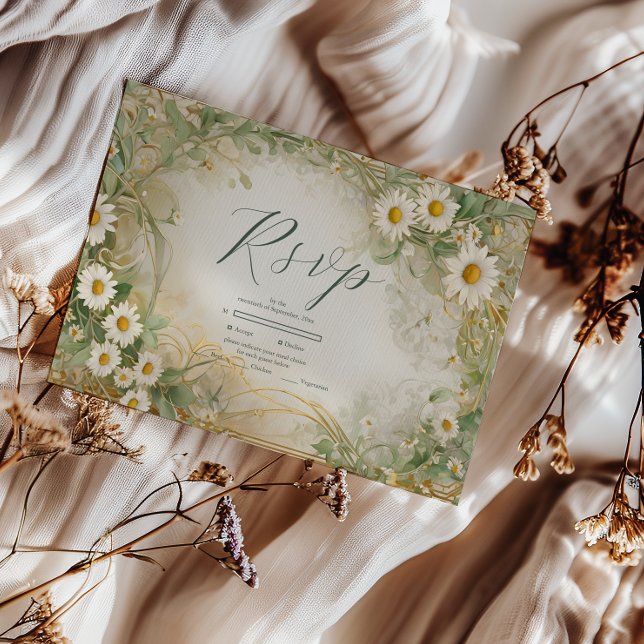 Art Nouveau Daisies Ivory Green Wedding RSVP Card (Creator Uploaded)