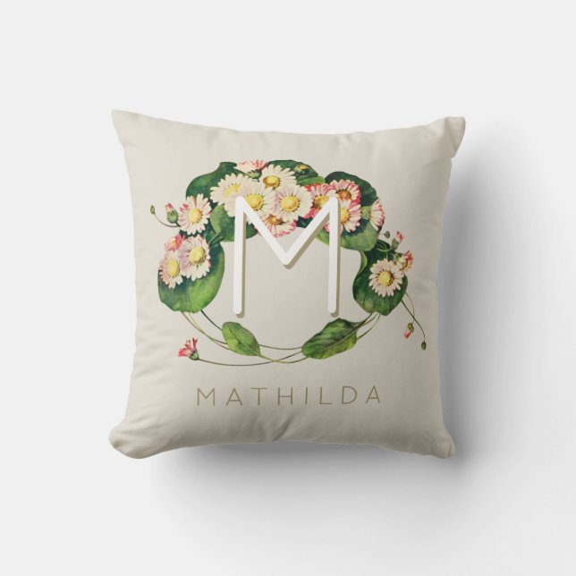 Art Nouveau Daisies Wreath Monogram to Personalise Cushion (Front)