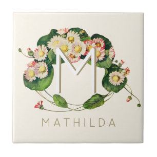 Art Nouveau Daisies Wreath Monogram to Personalise Tile