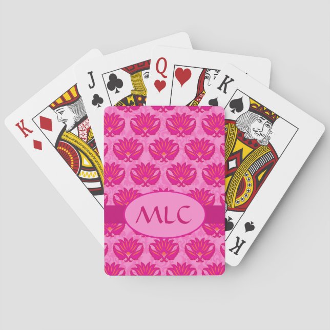Art Nouveau Damask Monogram Hot Pink Playing Cards (Back)