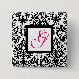 ART NOUVEAU DAMASK SQUARE  MONOGRAM,pink fuchsia 15 Cm Square Badge