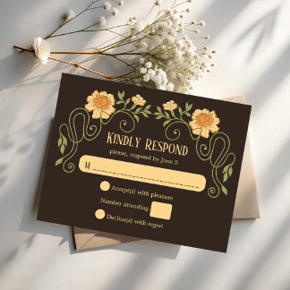Art nouveau dark brown elegant wedding RSVP card