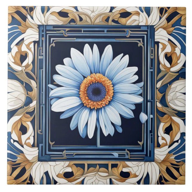 Art Nouveau Deco Blue White Gerbera Daisy Flower Tile (Front)