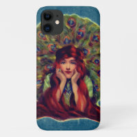 Art nouveau deco elegant woman peacock feathers 