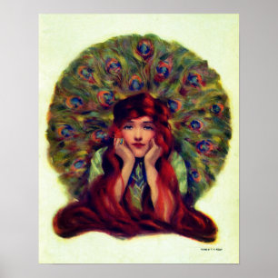 Art nouveau deco elegant woman peacock feathers poster