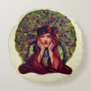 Art nouveau deco elegant woman peacock feathers  round cushion