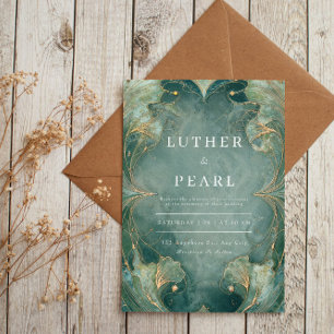 Art Nouveau Deep Teal Gold Ginkgo Leaf Wedding Invitation