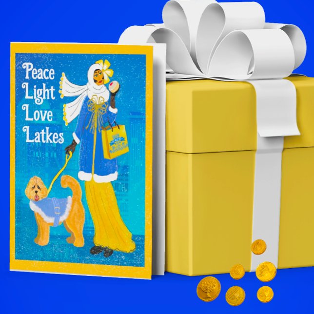 Art Nouveau Doodle Dog Holiday Hanukkah Card (The inside says And Jelly Donuts! You can personalize with your own message.)