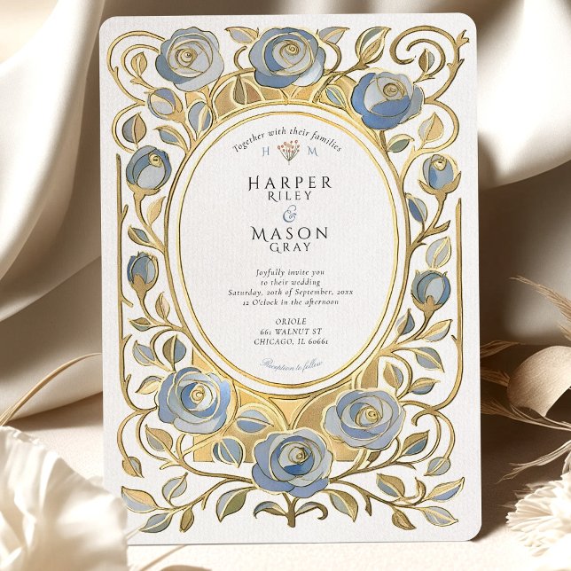 Art Nouveau Dusty Blue & Gold Roses Wedding Invitation (Creator Uploaded)