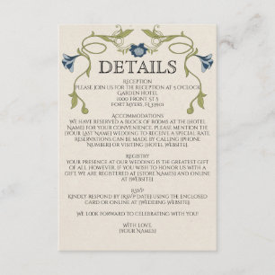 Art Nouveau Dusty Blue Navy Flowers Green Wedding Enclosure Card