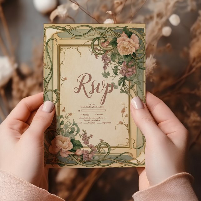 Art Nouveau Elegant Botanical Wedding RSVP Card (Creator Uploaded)