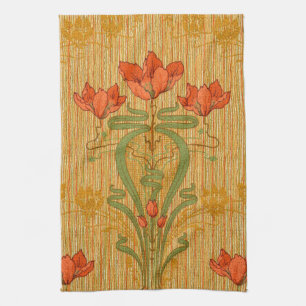 Art nouveau elegant floral poppy flowers victorian tea towel