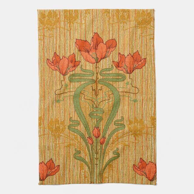 Art nouveau elegant floral poppy flowers victorian tea towel (Vertical)