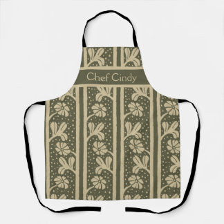Art Nouveau Elegant Flowers Beige and Sage Green Apron
