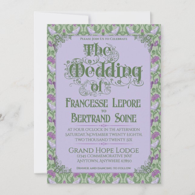 Art Nouveau Elegant Lovebirds Lavender Invitation (Front)