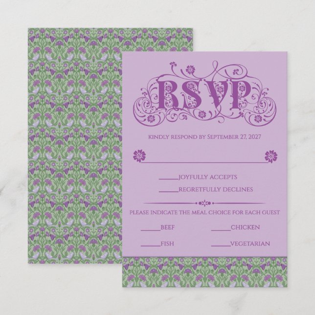 Art Nouveau Elegant Lovebirds Purple RSVP Card (Front/Back)