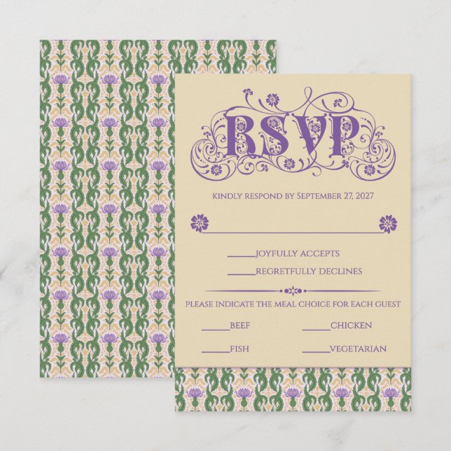 Art Nouveau Elegant Thistle Vintage Yellow RSVP Card (Front/Back)