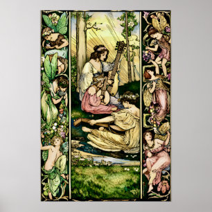 Art Nouveau Fairy Musicians Vintage Illustration Poster