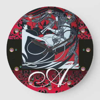 ART NOUVEAU FAUN Red Burgundy,Black Damask Large Clock