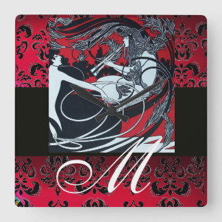 ART NOUVEAU FAUN Red Burgundy,Black Damask Square Wall Clock