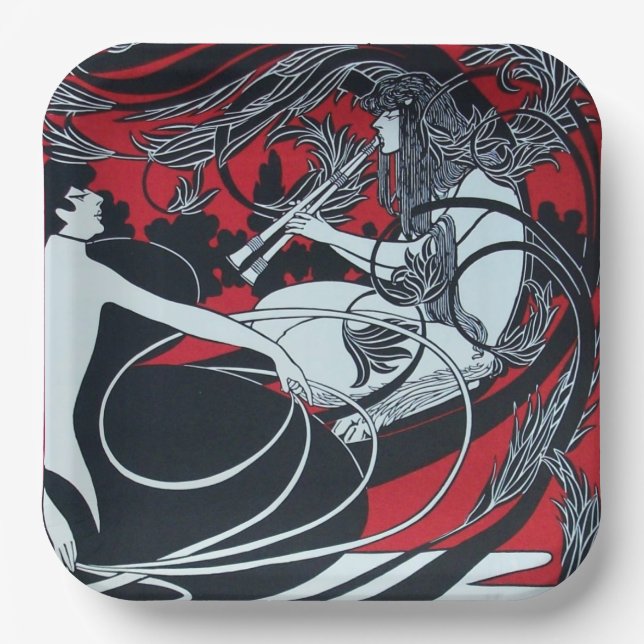 ART NOUVEAU FAUN  Red Burgundy,Black White Paper Plate (Front)