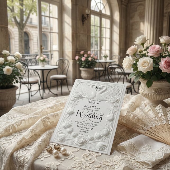 Art Nouveau Faux Embossed Swan Wedding Invitation (Creator Uploaded)