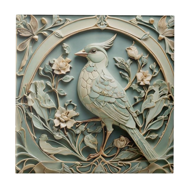 Art Nouveau Faux Relief Bird Fancy Floral Tile (Front)